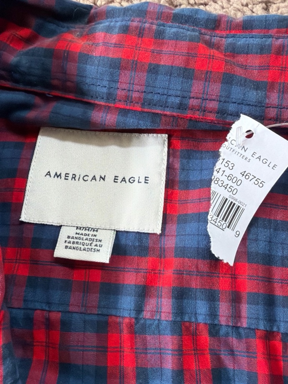 American Eagle Outfitters Red & Navy Plaid Cotton Button-Down Shirt